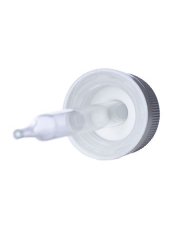 White PP plastic 18-400 ribbed skirt child-resistant dropper assembly with rubber bulb and 66 mm straight tip glass pipette