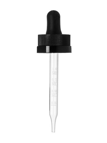 Black PP plastic 20-400 ribbed skirt child-resistant dropper assembly with rubber bulb and 76 mm straight tip laser etched glass pipette (graduated marks at .25, .5, .75, 1 mL)