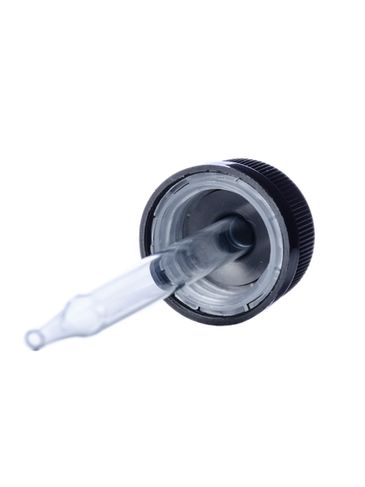Black PP plastic 20-400 ribbed skirt child-resistant dropper assembly with rubber bulb and 76 mm straight tip glass pipette