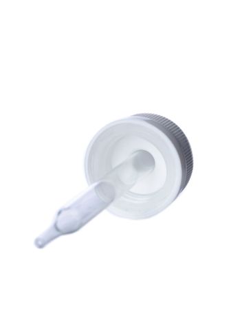 White PP plastic 20-400 ribbed skirt child-resistant dropper assembly with rubber bulb and 76 mm straight tip glass pipette