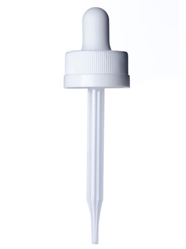 White PP plastic 20-400 ribbed skirt child-resistant dropper assembly with rubber bulb and 76 mm straight tip glass pipette