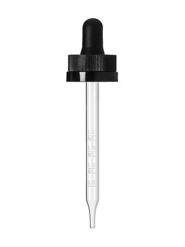 Black PP plastic 20-400 ribbed skirt child-resistant dropper assembly with rubber bulb and 91 mm straight tip laser etched glass pipette (graduated marks at .25, .5, .75, 1 mL)