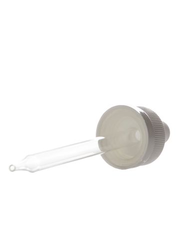 White PP plastic 20-400 ribbed skirt child-resistant dropper assembly with rubber bulb and 91 mm straight tip glass pipette