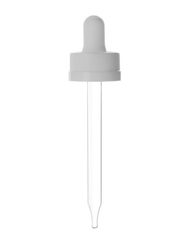 White PP plastic 20-400 ribbed skirt child-resistant dropper assembly with rubber bulb and 91 mm straight tip glass pipette