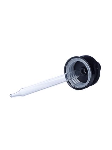 Black PP plastic 24-400 ribbed skirt child-resistant dropper assembly with rubber bulb and 108 mm straight tip glass pipette