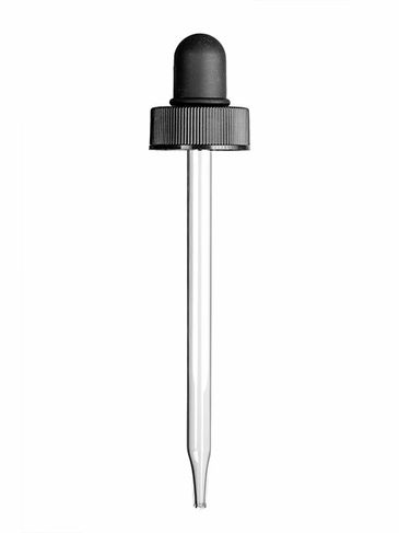 Black PP plastic 24-400 ribbed skirt dropper assembly with rubber bulb and 108 mm straight tip glass pipette (fits 4 oz bottle)