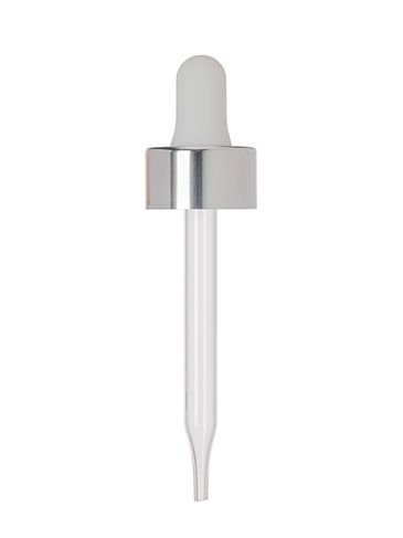 Silver metal 20-400 smooth skirt dropper assembly with white rubber bulb and 76 mm straight tip glass pipette