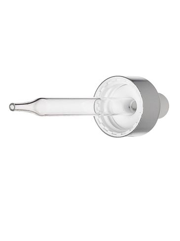 Silver metal 20-400 smooth skirt dropper assembly with white rubber bulb and 76 mm straight tip glass pipette