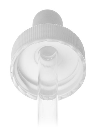 White PP plastic 24-400 ribbed skirt dropper assembly with 1 cc white monprene bulb and 108 mm glass pipette