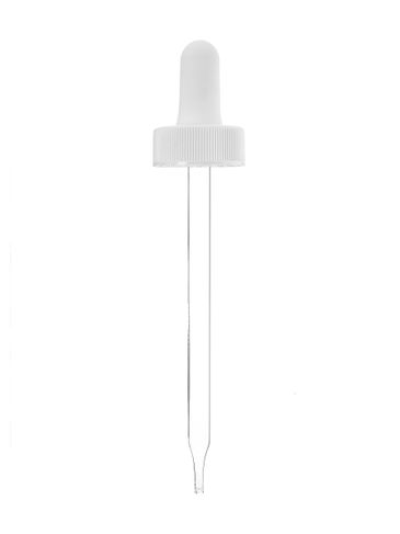 White PP plastic 24-400 ribbed skirt dropper assembly with 1 cc white monprene bulb and 108 mm glass pipette
