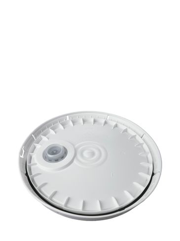 White HDPE plastic round pail lid with pour spout and gasket