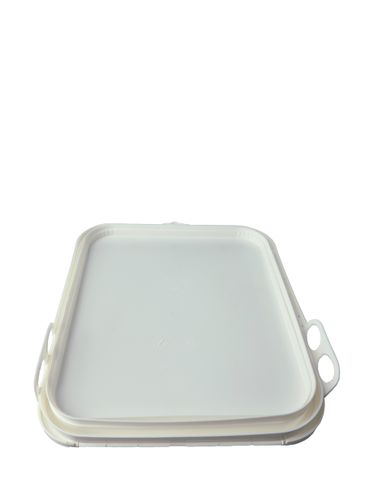 White PP plastic rectangular hinged lid with tear-tab (no gasket) for 4 gallon pail