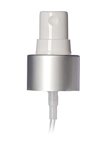 Matte silver metal shell and white PP smooth skirt fine-mist fingertip sprayer with clear overcap, 6.875 inch dip tube and 24-410 neck finish (.12-.14 cc output)