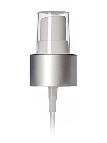 Matte silver metal shell and white PP plastic 24-410 smooth skirt fine-mist fingertip sprayer with clear overcap and 6.875 inch dip tube (0.14 cc output)