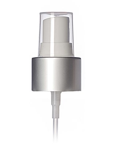 Matte silver metal shell and white PP smooth skirt fine-mist fingertip sprayer with clear overcap, 6.875 inch dip tube and 24-410 neck finish (.12-.14 cc output)