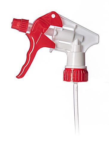 Red and white plastic 28-400 adjustable nozzle trigger sprayer with 9.75 inch dip tube (1.3 cc output)