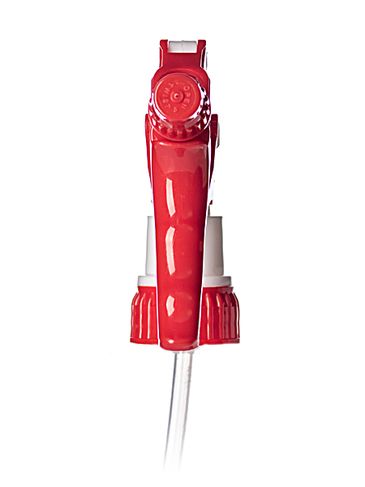 Red and white plastic 28-400 adjustable nozzle trigger sprayer with 9.75 inch dip tube (1.3 cc output)