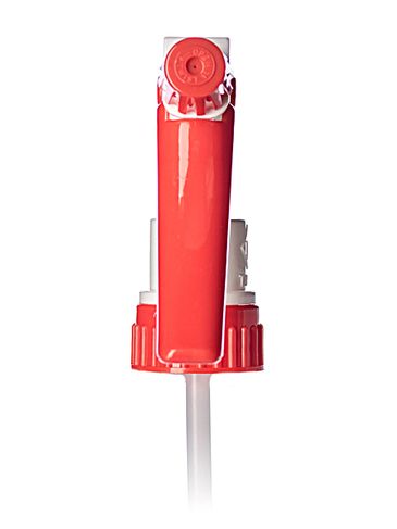 Red and white plastic 28-400 adjustable nozzle trigger sprayer with 9 inch dip tube (1.4 cc output)