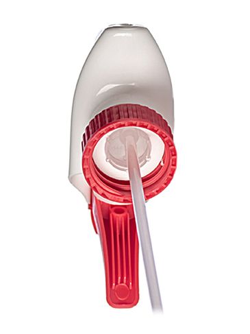 Red and white PP plastic 28-400 ribbed skirt on/off nozzle trigger sprayer with 9.25 inch dip tube (1.3 cc output)