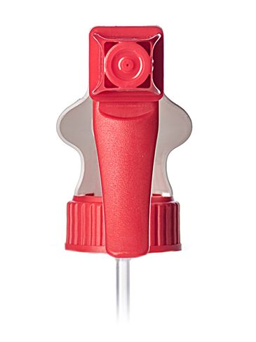 Red and white PP plastic 28-400 ribbed skirt on/off nozzle trigger sprayer with 9.25 inch dip tube (1.3 cc output)