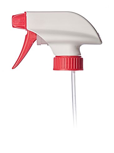 Red and white PP plastic 28-400 ribbed skirt on/off nozzle trigger sprayer with 9.25 inch dip tube (1.3 cc output)