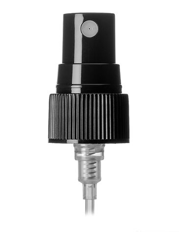 Black PP plastic 20-400 ribbed skirt fine mist fingertip sprayer with clear overcap and 3.54  inch dip tube (0.14 cc output)