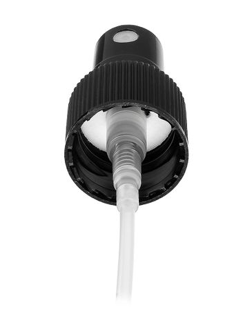 Black PP plastic 20-410 ribbed skirt fine mist fingertip sprayer with clear overcap and 5.3" dip tube (0.14 cc output)