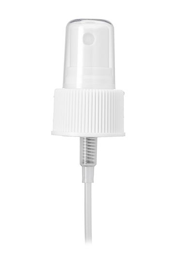 White PP plastic 24-410 ribbed skirt fine mist fingertip sprayer with clear overcap and 6.25 inch dip tube (.16 cc output)