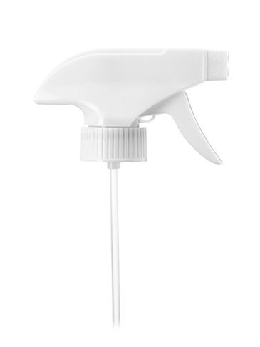 White plastic 28-400 ribbed skirt spray/stream/off nozzle trigger sprayer with 9.875 inch dip tube (.8 - 1 cc output)