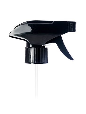 Black plastic 28-410 ribbed skirt spray/stream/off nozzle trigger sprayer with 9.875 inch dip tube (0.8 - 1 cc output)