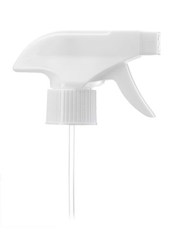 White plastic 28-410 ribbed skirt spray/stream/off nozzle trigger sprayer with 9.875 inch dip tube (0.8 - 1 cc output)