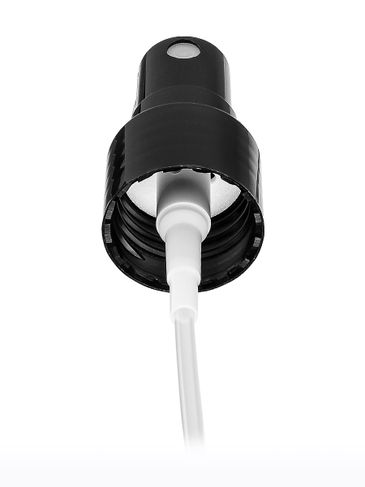 Black PP plastic 20-410 smooth skirt fine mist fingertip sprayer with clear overcap and 5.25 inch dip tube (0.12 cc output)