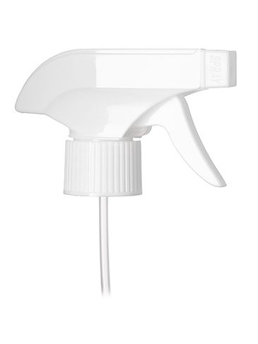 White plastic 28-410 ribbed skirt spray/stream/off nozzle trigger sprayer with 9.875 inch dip tube (0.8 - 1 cc output)