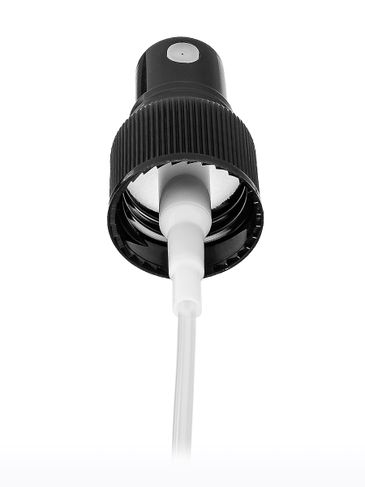 Black PP plastic 20-410 ribbed skirt fine mist fingertip sprayer with clear overcap and 5.3 inch dip tube ( .12-.16 cc output)