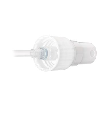 White PP plastic 20-410 ribbed skirt fine mist fingertip sprayer with clear overcap and 5.3 inch dip tube ( .12-.16 cc output)