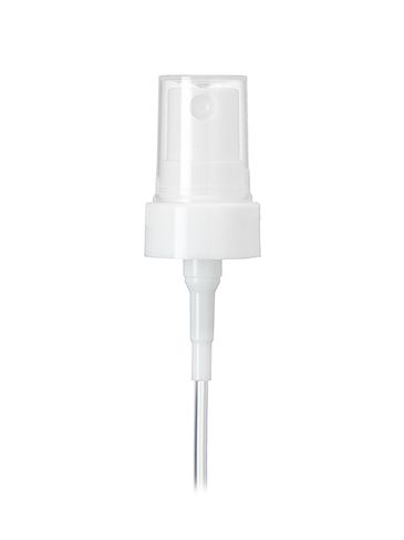 White PP plastic 20-400 smooth skirt fine mist fingertip sprayer with clear overcap and 3.75 inch dip tube (.12-.14 cc output)